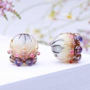 Glass Bead Pair for Jewelry, Milky White Petal Lampwork Bead with Purple Luster Burbles, Gold Sparkles and Pink Dots