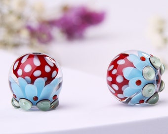 Glass Bead Pair for Jewelry, Red and Blue Lampwork Beads for Earrings
