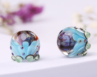 Two Lampwork Beads for Earrings, Blue and Green Glass Beads