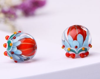 Lampwork Bead Pair for Jewelry, Two Glass Beads, Red, Turquoise, White, Orange Petal Beads