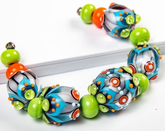 Lampwork Bead Set for Jewelry - Green, Purple, Blue White Glass Beads