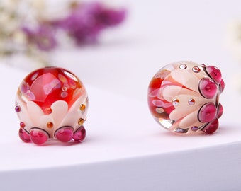 Pink Artisan Glass Bead Pair, Petal Lampwork Beads for Earrings