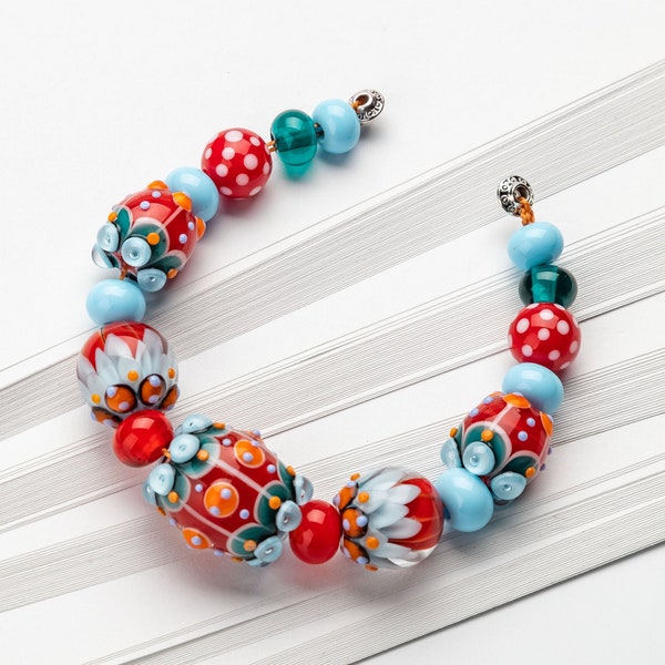 Lampwork Bead Set, Red, White, Light Blue Artisan Glass Beads for Unique Jewelry