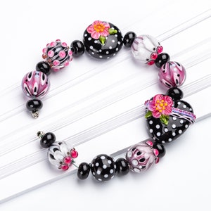 Lampwork Bead Set, Black, White, Pink Glass Beads with a Heart, Polka Dotted Beads image 1