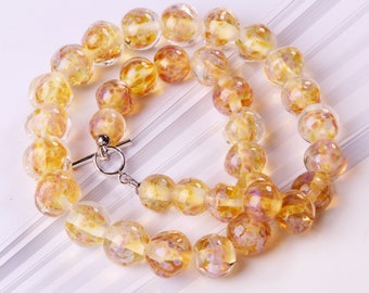 Delicate Ready-to-wear Necklace of Lampwork Beads, Honey-Gold Color with Violet-Blue Sparks