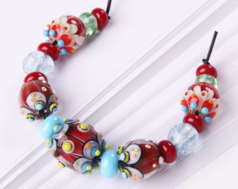 Lampwork Bead Set for Artisan Jewelry,  Red, Blue White Glass Beads to Make Bracelet, Necklace