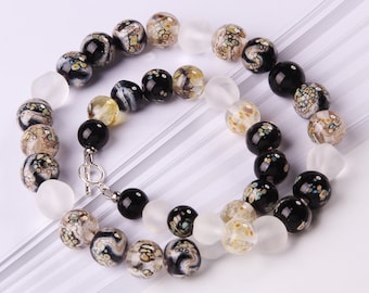 Exquisite Ready to Wear Lampwork Graduated Necklace, Black, Beige, White, Beads