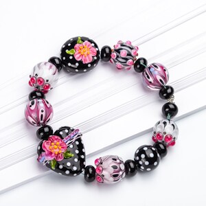 Lampwork Bead Set, Black, White, Pink Glass Beads with a Heart, Polka Dotted Beads image 2