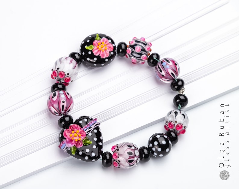 Lampwork Bead Set, Black, White, Pink Glass Beads with a Heart, Polka Dotted Beads image 2