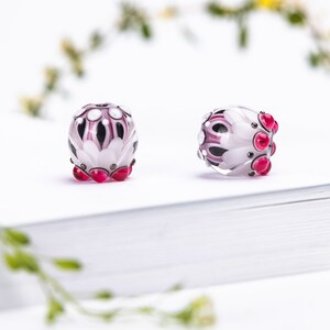 Lampwork Bead Pair for Jewelry, White and Pink Glass Beads image 2
