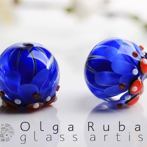 Lampwork Bead Pair for Earrings, Blue and Red Petal Beads