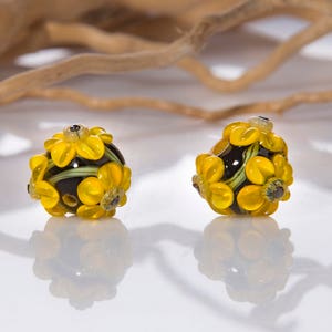Lampwork Bead Pair with Yellow Flowers for Earrings image 2