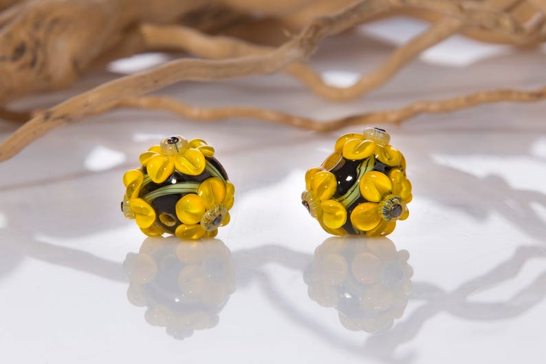 Lampwork Bead Pair with Yellow Flowers for Earrings image 2