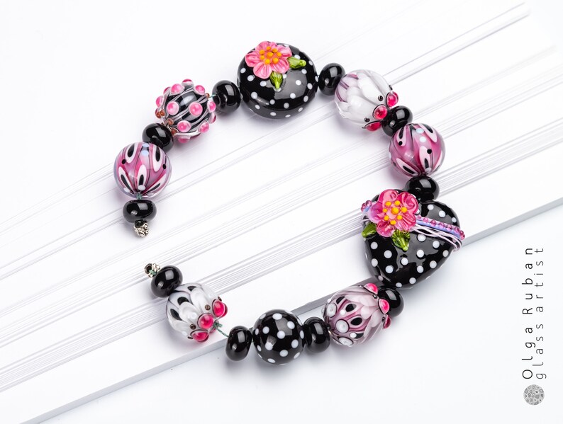 Lampwork Bead Set, Black, White, Pink Glass Beads with a Heart, Polka Dotted Beads image 1