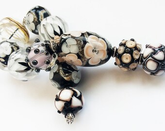 Glass Bead Set, Lapwork Beads for Jewelry, Black, White and Beige Flower Beads to make a Necklace