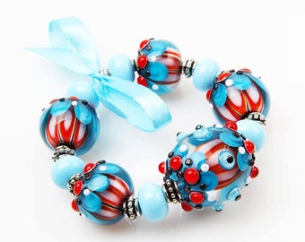 Contas de lampwork para joias, hortelã, turquesa, contas de vidro de pétalas brancas para fazer pulseira, colar