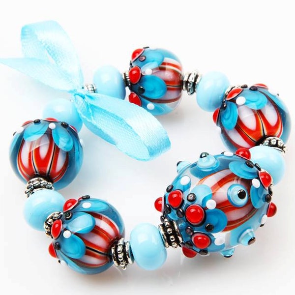 Lampwork Beads for Jewelry, Mint, Turquoise, White Petal Glass Beads to Make Bracelet, Necklace