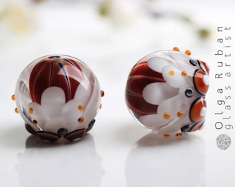 Lampwork Bead Pair for Earrings, Brown and White Petal Beads