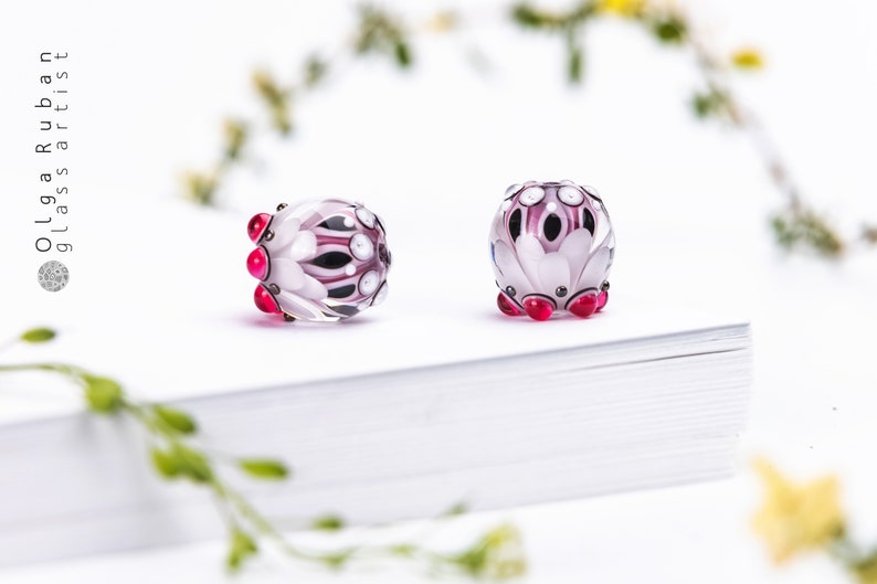 Lampwork Bead Pair for Jewelry, White and Pink Glass Beads image 1