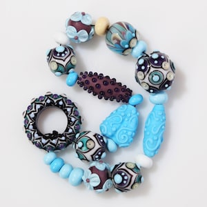 Glass Bead Set - Baby Blue, White, Purple Lampwork Beads.