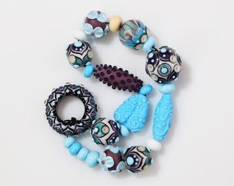 Glass Bead Set - Baby Blue, White, Purple Lampwork Beads.