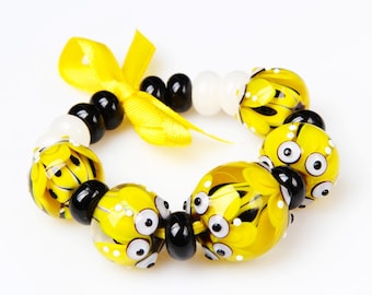 Lampwork Bead Set; Artisan Glass Beads - Yellow, Black, White for Jewelry.