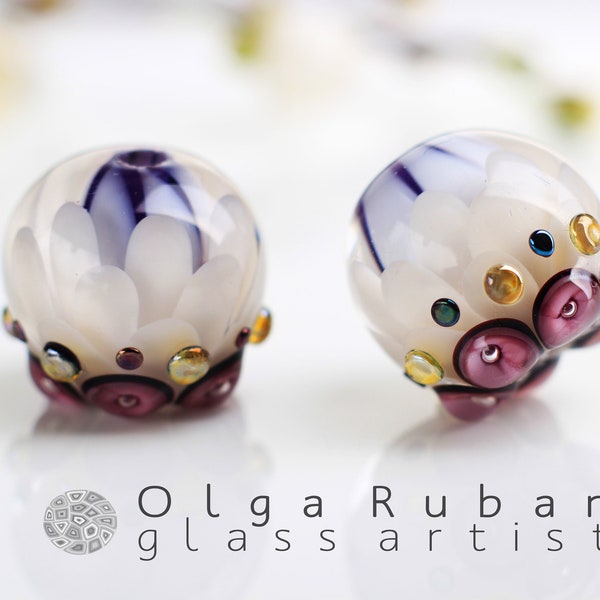 White and Purple Petal Bead Pair for Earrings