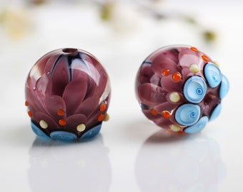 Lampwork Bead Pair for Earrings, Purple Blue and Orange Petal Beads