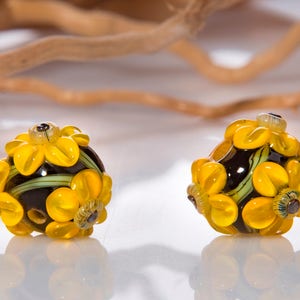 Lampwork Bead Pair with Yellow Flowers for Earrings image 1