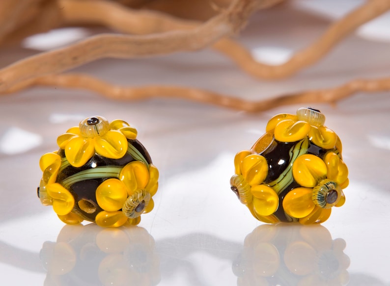 Lampwork Bead Pair with Yellow Flowers for Earrings image 1