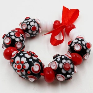 Lampwork Bead Set; Red, White, Black Glass Beads.