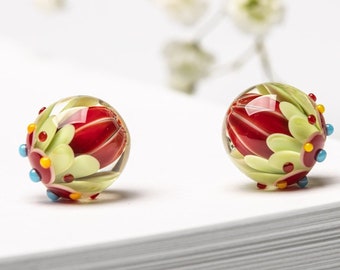 Two Glass Beads, Lampwork Bead Pair for Jewelry, Green, Red, Blue, Yellow Beads