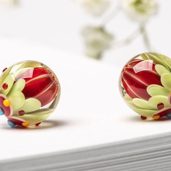 Two Glass Beads, Lampwork Bead Pair for Jewelry, Green, Red, Blue, Yellow Beads