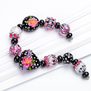 Lampwork Bead Set, Black, White, Pink Glass Beads with a Heart, Polka Dotted Beads image 3