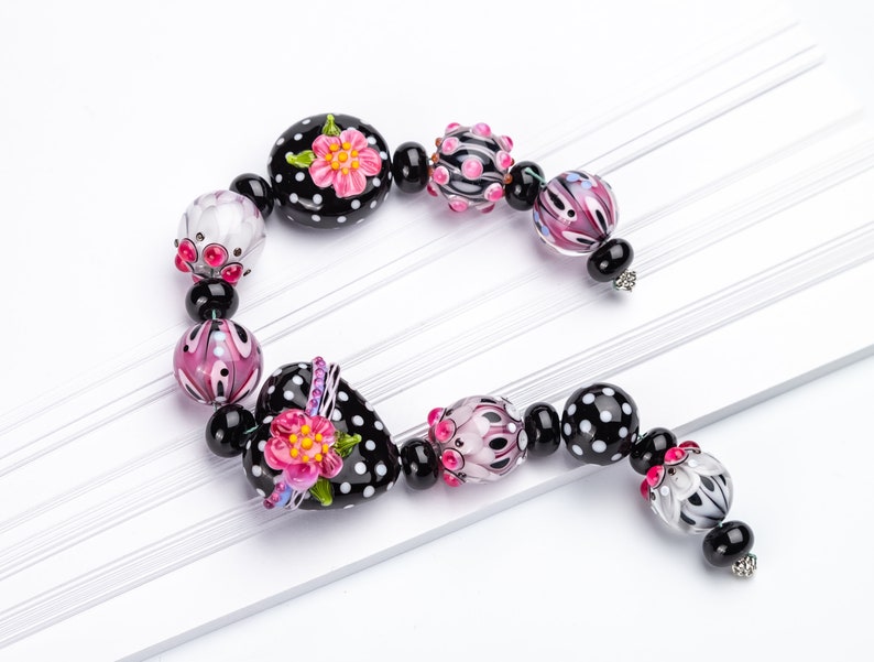 Lampwork Bead Set, Black, White, Pink Glass Beads with a Heart, Polka Dotted Beads image 3