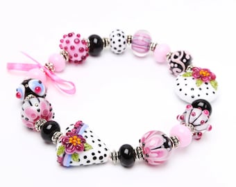 Lampwork Bead Set, Pink, White, Black Glass Beads, Polka Dots Beads with a Heart