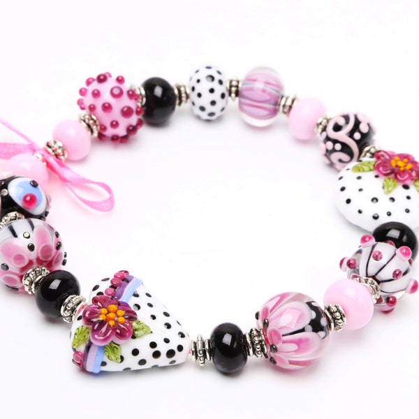 Lampwork Perlen Set, Rosa, Weiß, Schwarze Glasperlen, Polka Dots Perlen mit Herz