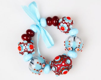 Lampwork Bead Set; Blue, White, Red Beads.