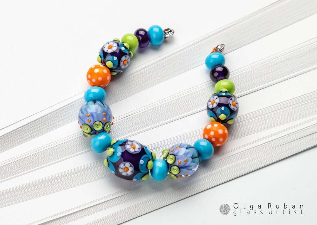 Glass Bead Set Purple Blue Orange Beads for Necklace Etsy