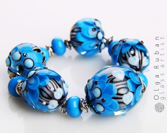 Contas de Lampwork para Pulseira, Componentes de Vidro para Colar e Brincos, Contas de Pétalas de Flores Artesanais Azuis e Brancas Requintadas para Joias