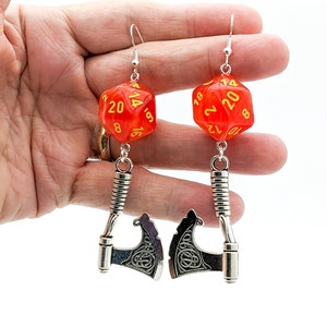 D20 Barbarian Character Earrings - DND Dice Earrings Fire Orange - Battle Axe Jewelry - RPG Earrings Dwarf/Fighter - Gamer Geeky Jewelry