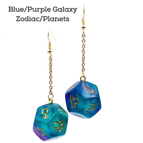 Zodiac & Planet Earrings - Polyhedral Dice with Astrology Signs/Astronomy Symbols - Planet/Horoscope Jewelry - Dice Earrings