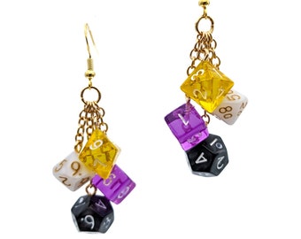 Mini Non-Binary Pride Dice Earrings - DND or Pathfinder Polyhedral RPG D20 Gamer Non Binary Flag - Fun and Quirky Geeky Jewelry