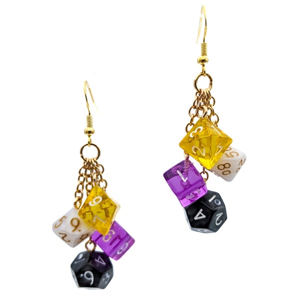 Mini Non-Binary Pride Dice Earrings - DND or Pathfinder Polyhedral RPG D20 Gamer Non Binary Flag - Fun and Quirky Geeky Jewelry