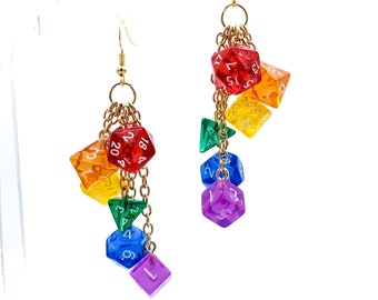 Rainbow Mini Dice Earrings - Dice Jewelry - D20 DND Full Set Polyhedral Dice - Pride Dice - Gamer Quirky Geeky Jewelry - Gay Pride Flag