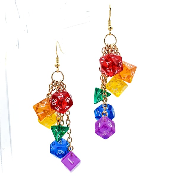 Mini Rainbow Dice Earrings - Dice Jewelry - D20 DND Full Set Polyhedral Dice - Pride Dice - Gamer Quirky Geeky Jewelry - Gay Pride Flag