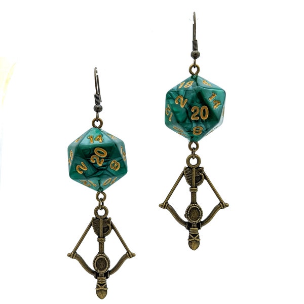 D20 Ranger Dice Earrings - DND Dice Earrings Green Brown - Bow and Arrow Jewelry - RPG Archer Character - Gamer Geeky Jewelry