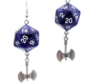 D20 Labrys Earrings - Purple  or Red DND Dice Earrings - Battle Axe Jewelry - RPG Earrings Dwarf/Fighter - Gamer Geeky Jewelry