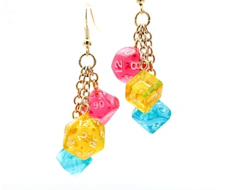Mini Pan Pride Dice Earrings - DND or Pathfinder Polyhedral RPG D20 Gamer Pansexual Flag - Pansexual Earrings - Fun and Quirky Geeky Jewelry