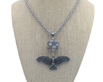 D20 Raven Queen Character Necklace - 24&quot; DND Dice Pendant with Raven - Shadow Fey Grave Domain Shadar-kai - RPG Earrings - Gamer Jewelry